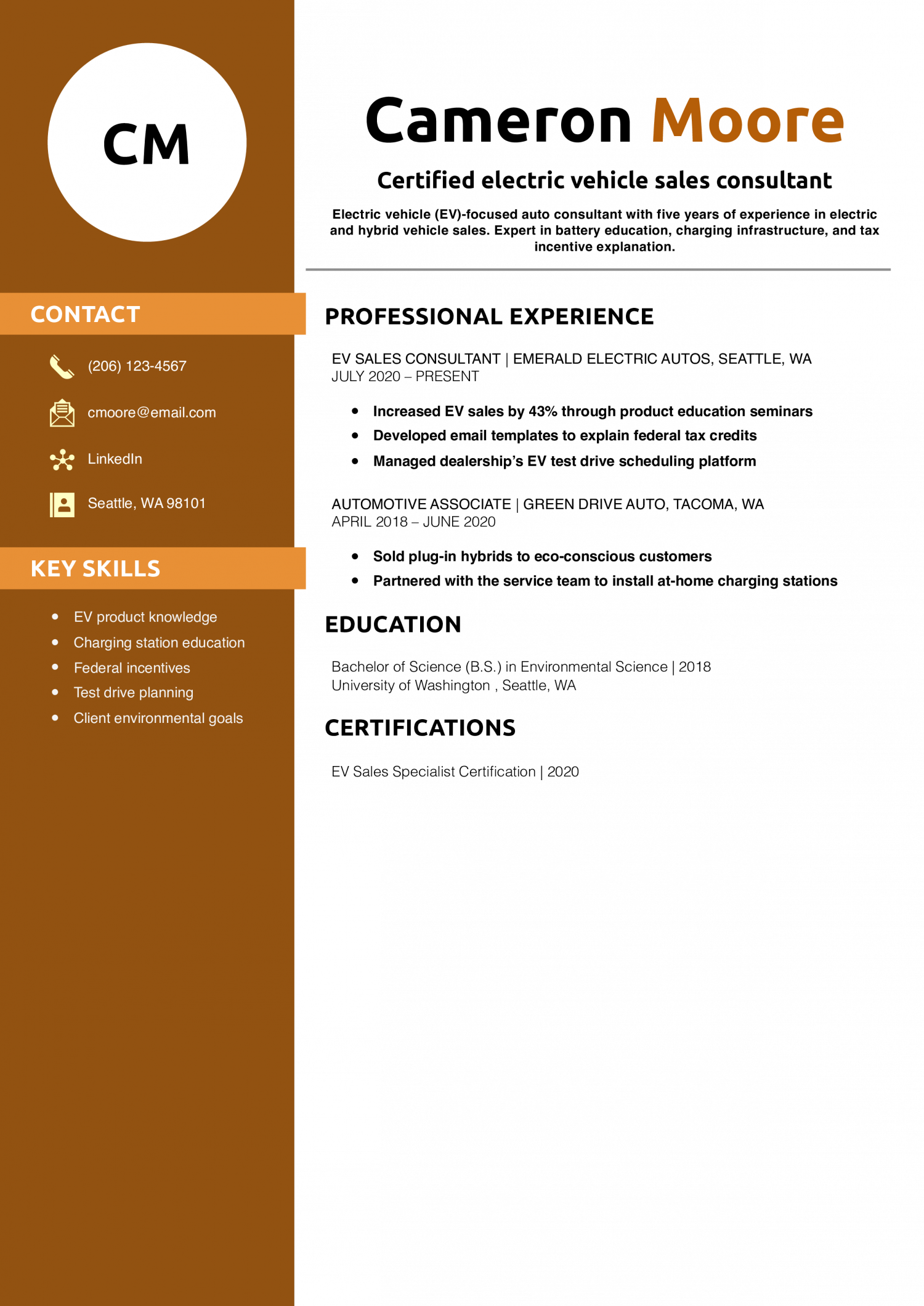 Certified electric vehicle sales consultant resume example