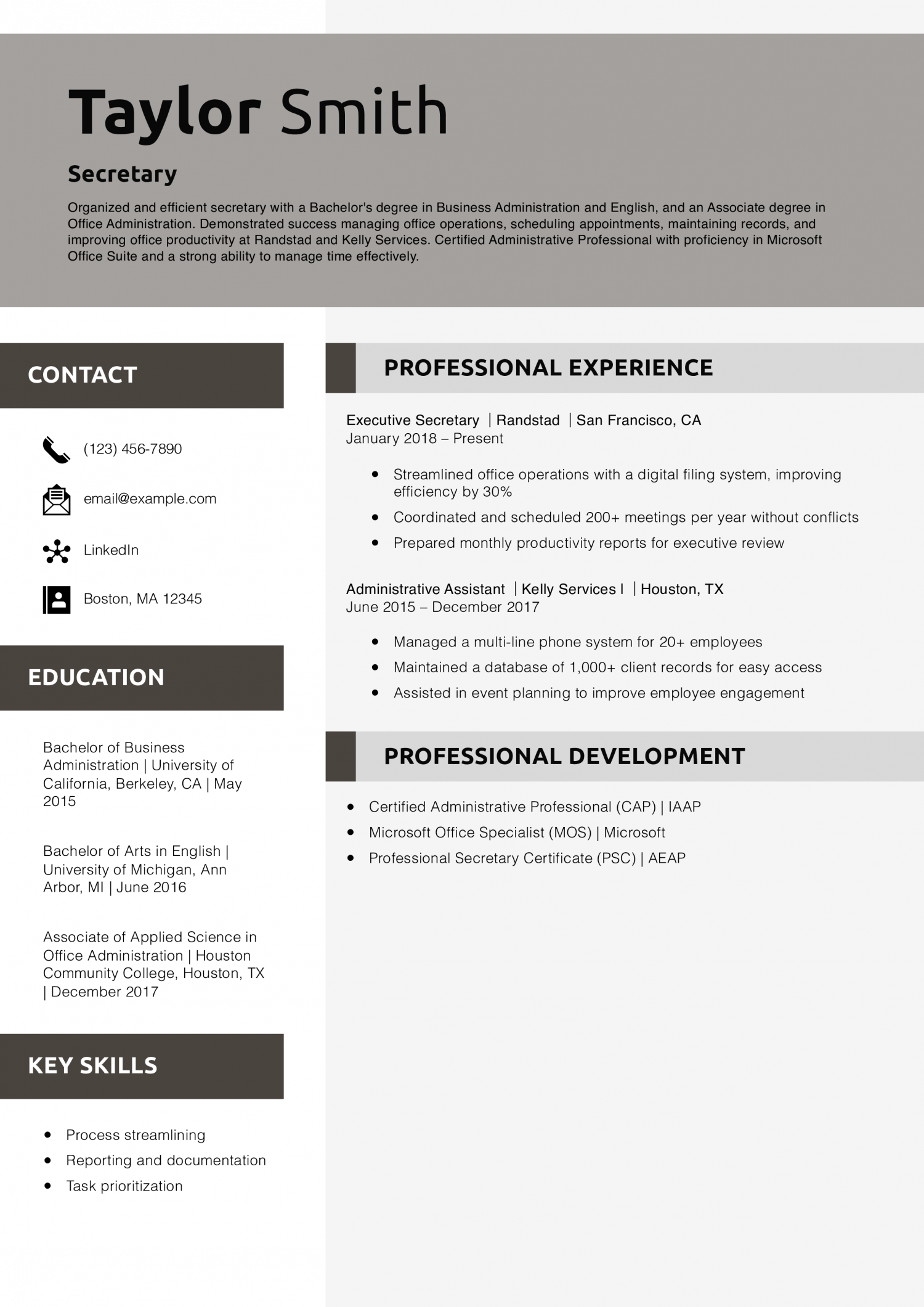 Secretary resume example