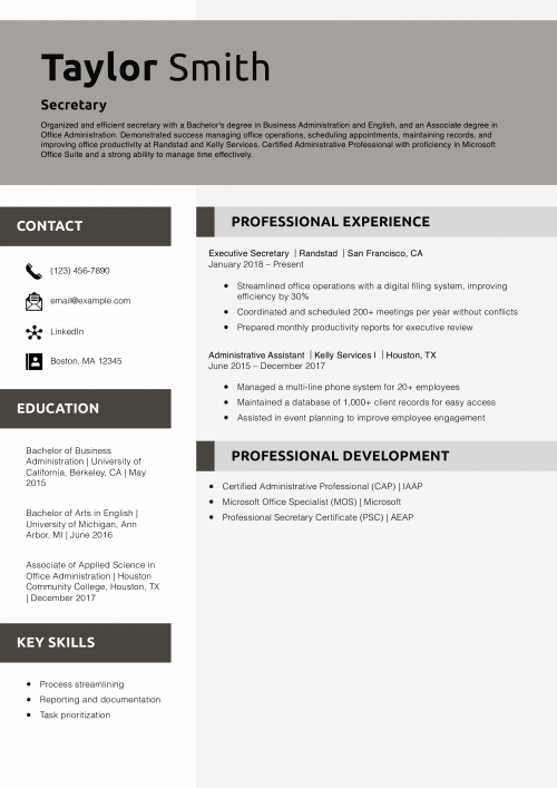 Secretary resume example 