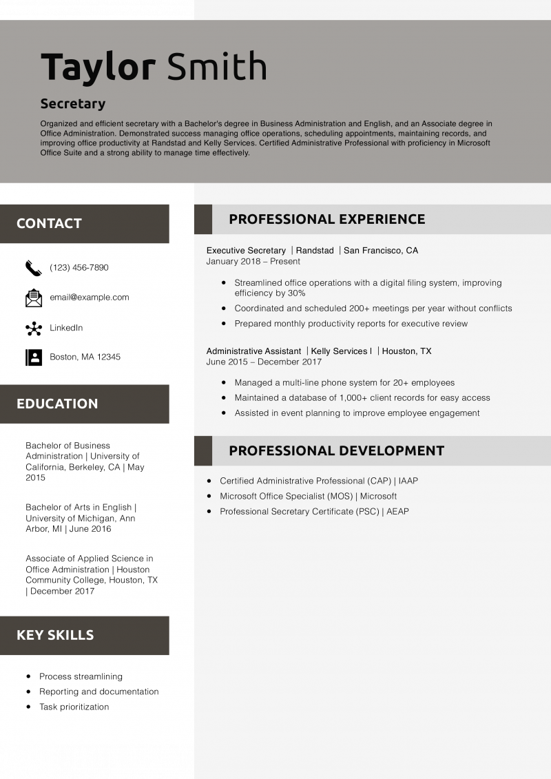 Secretary resume example 