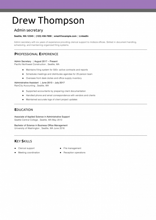 Admin secretary resume example 
