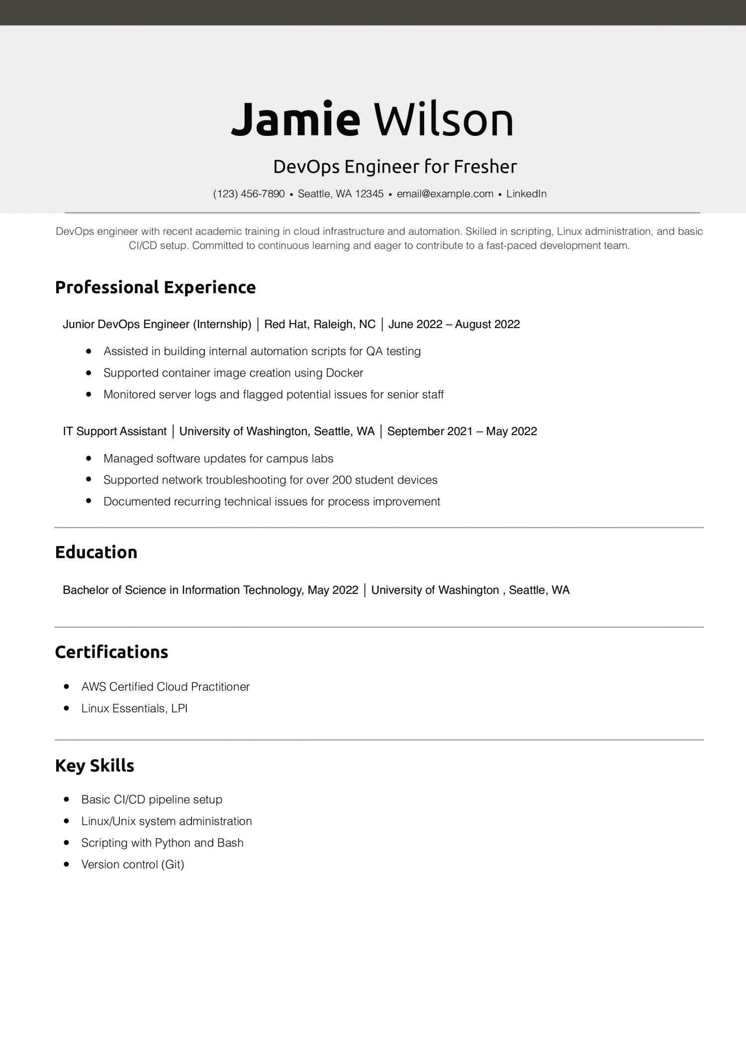 DevOps Engineer for Fresher Resume Example