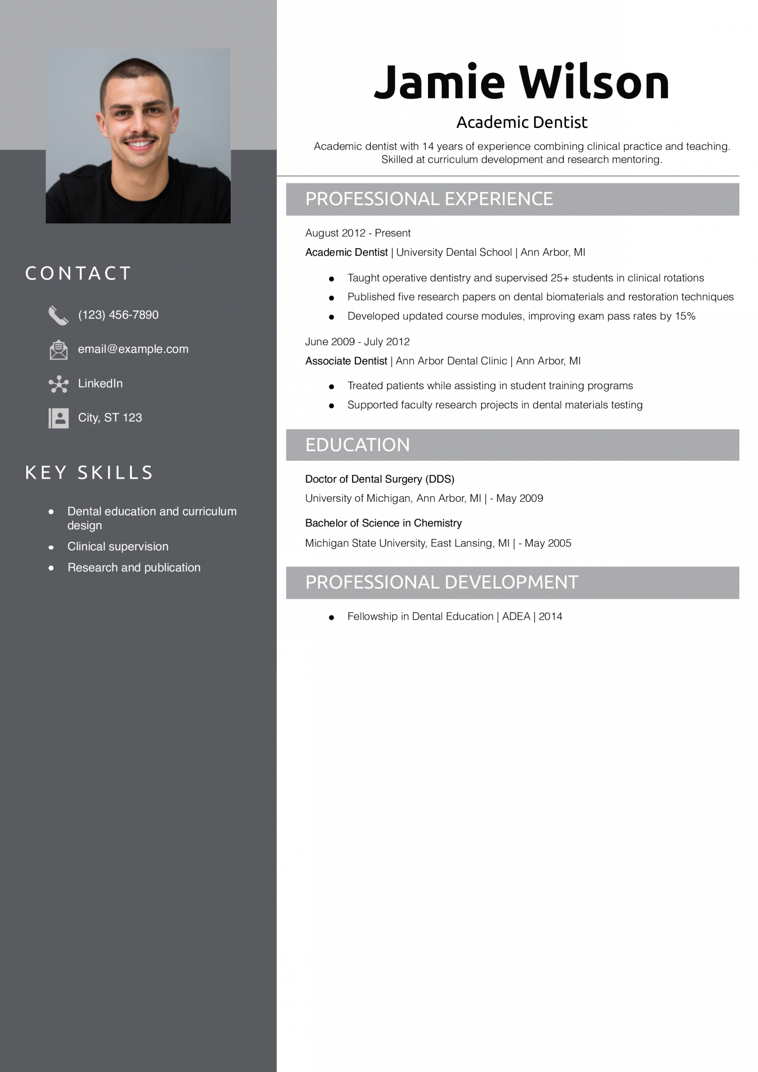 Academic Dentist Resume Example