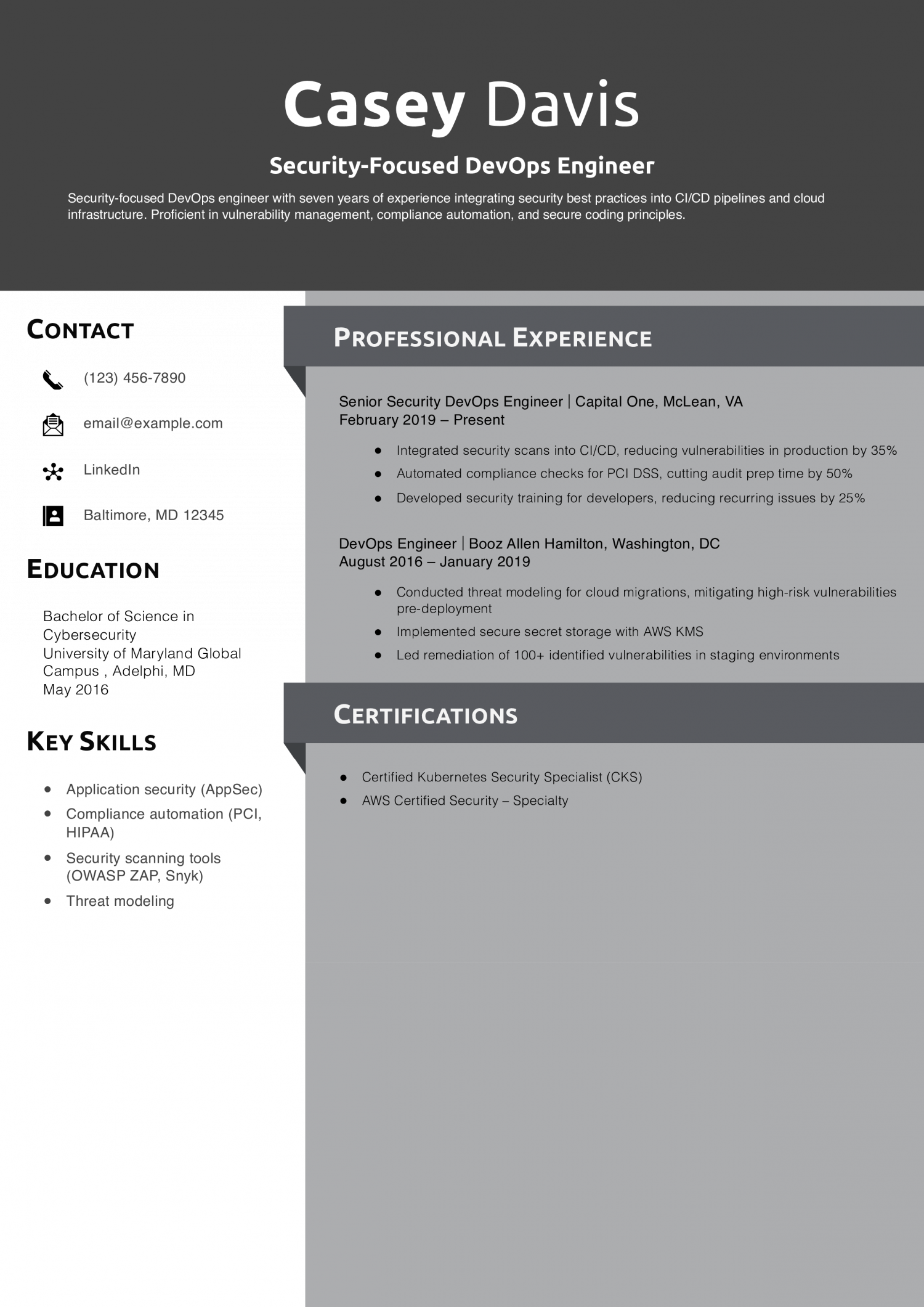 Security-Focused DevOps Engineer Resume Example