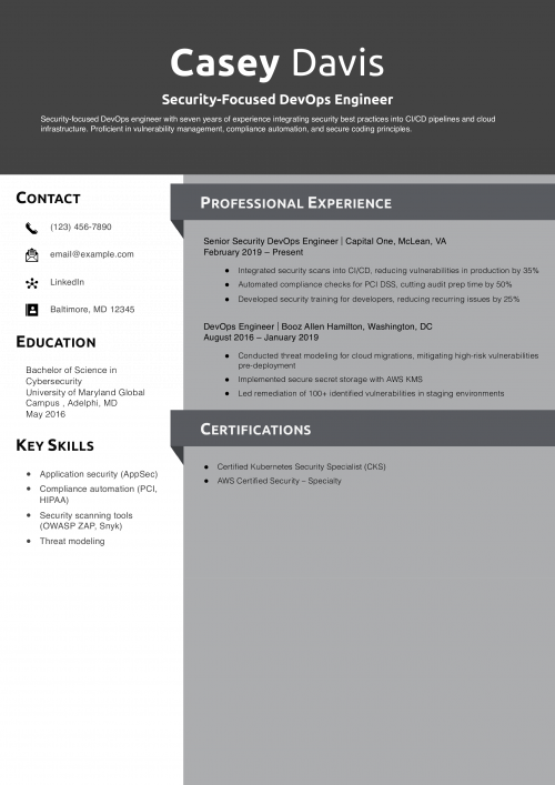 Security-Focused DevOps Engineer Resume Example