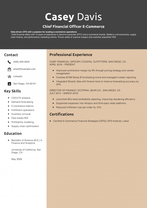 Chief Financial Officer E-Commerce Resume