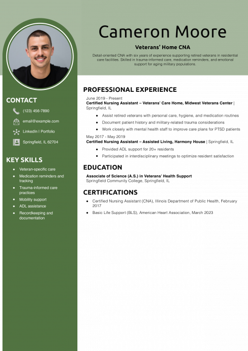 Veterans’ Home CNA Resume Example