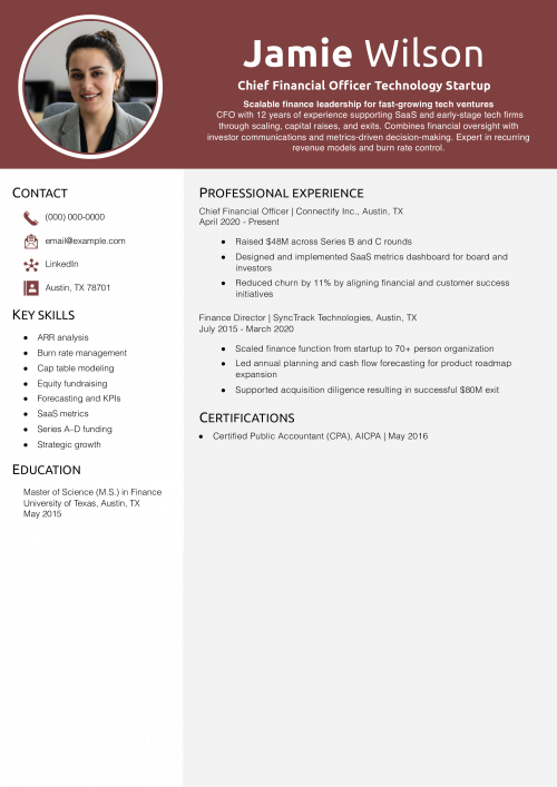Chief Financial Officer Technology Startup Resume