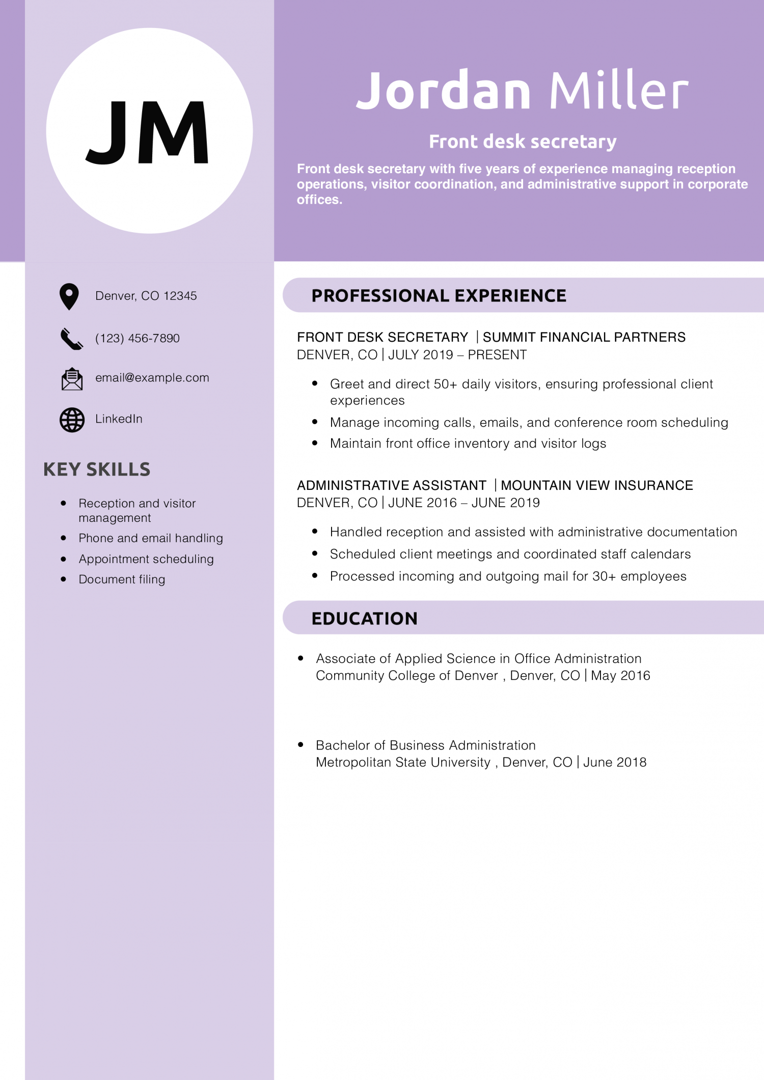 Front desk secretary resume example