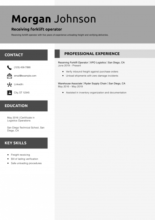 Receiving forklift operator resume example