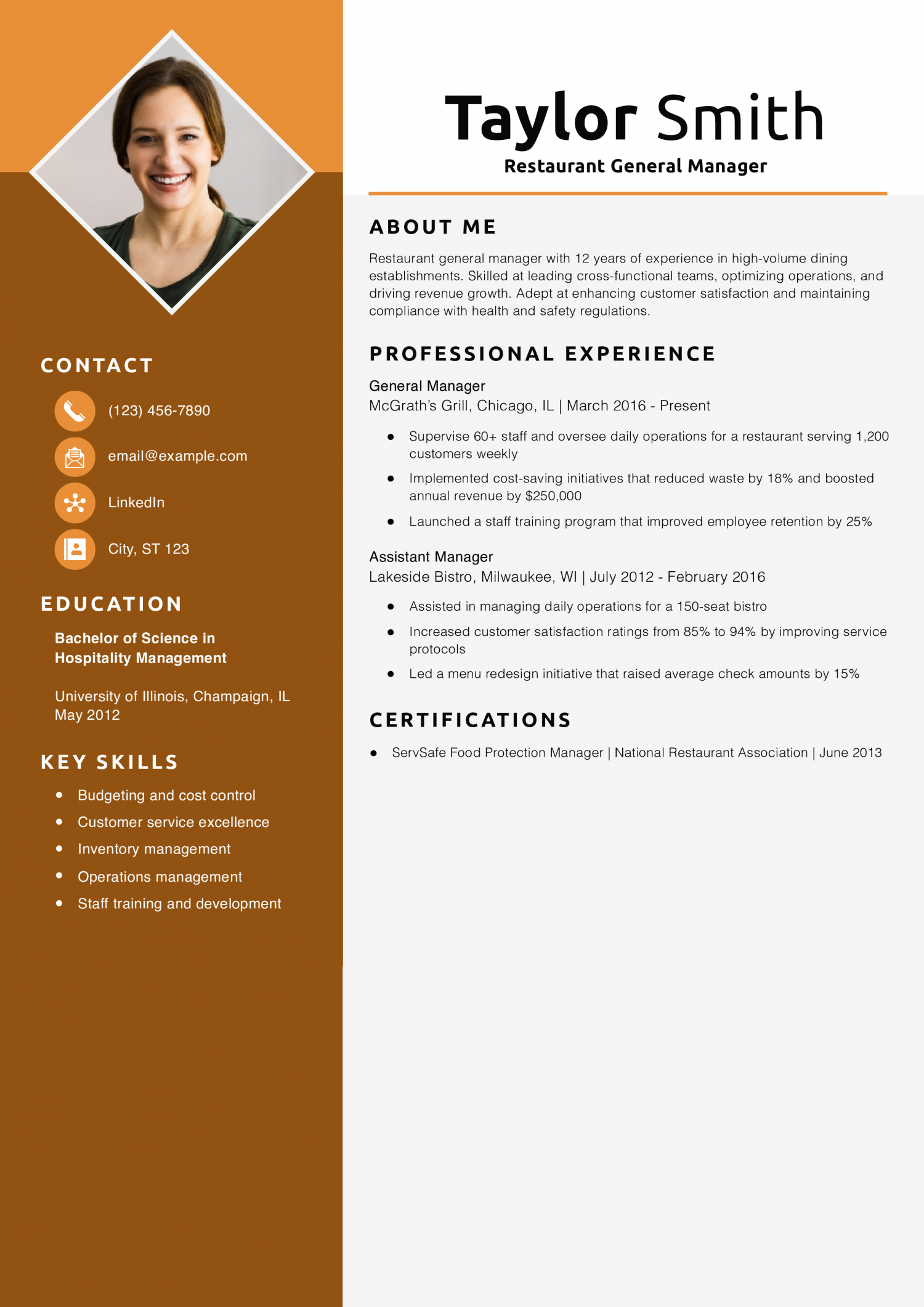 Restaurant General Manager Resume Example