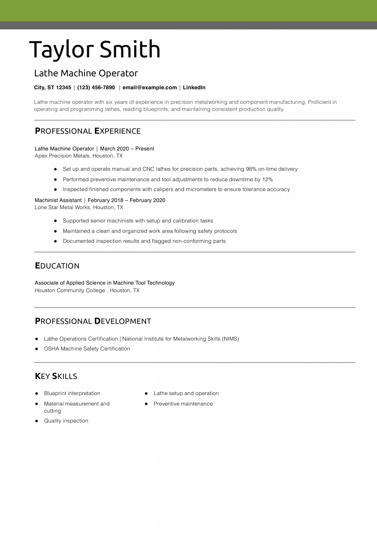 Lathe Machine Operator Resume Example