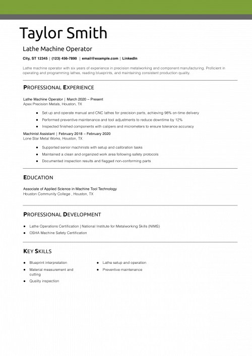 Lathe Machine Operator Resume Example 