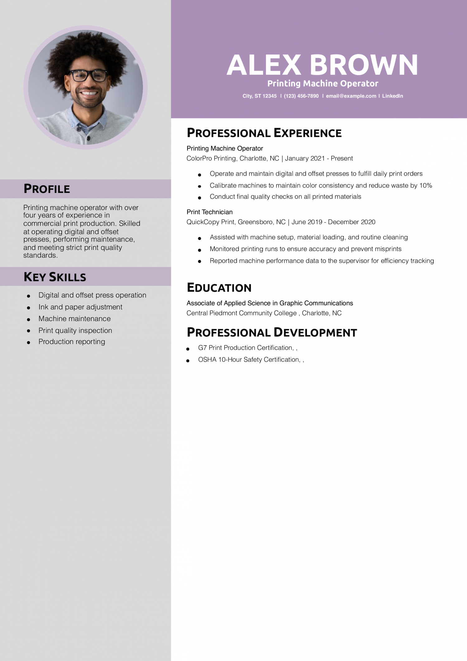 Printing Machine Operator Resume Example