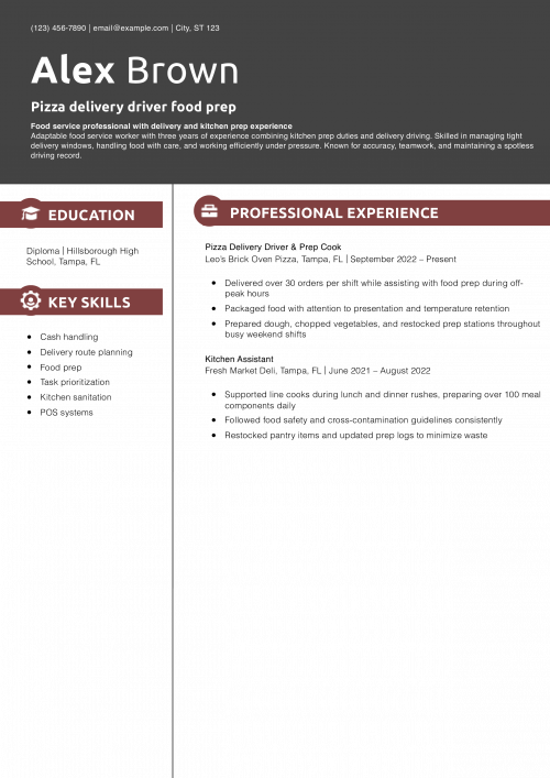 Pizza delivery driver food prep resume example