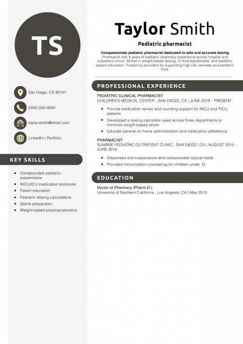 Pediatric pharmacist resume