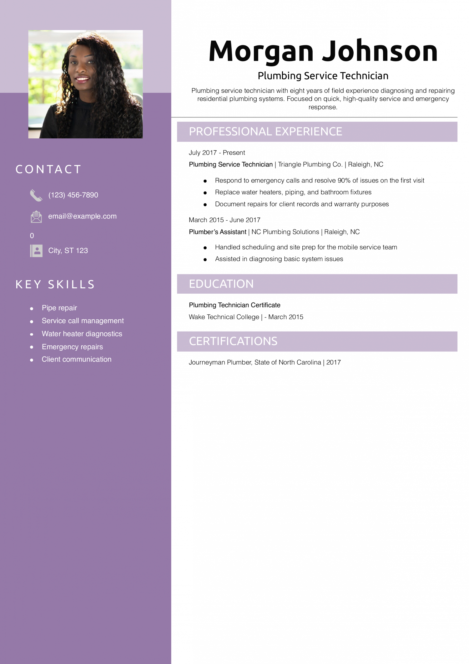 Plumbing Service Technician Resume Example
