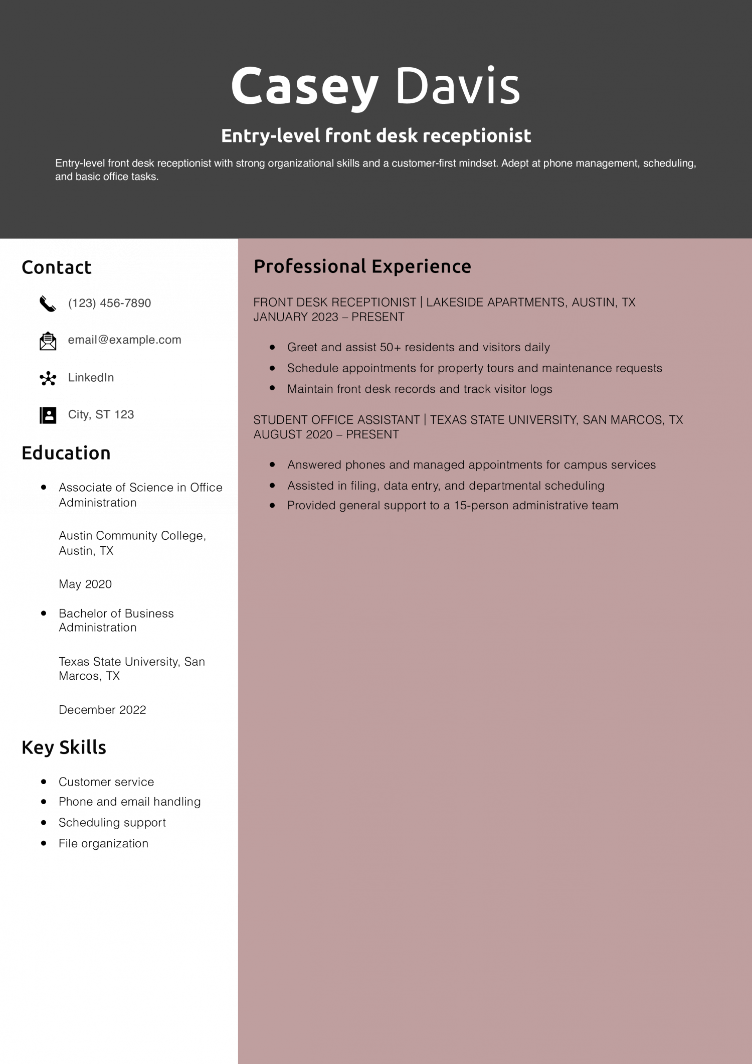 Entry-level front desk receptionist resume example