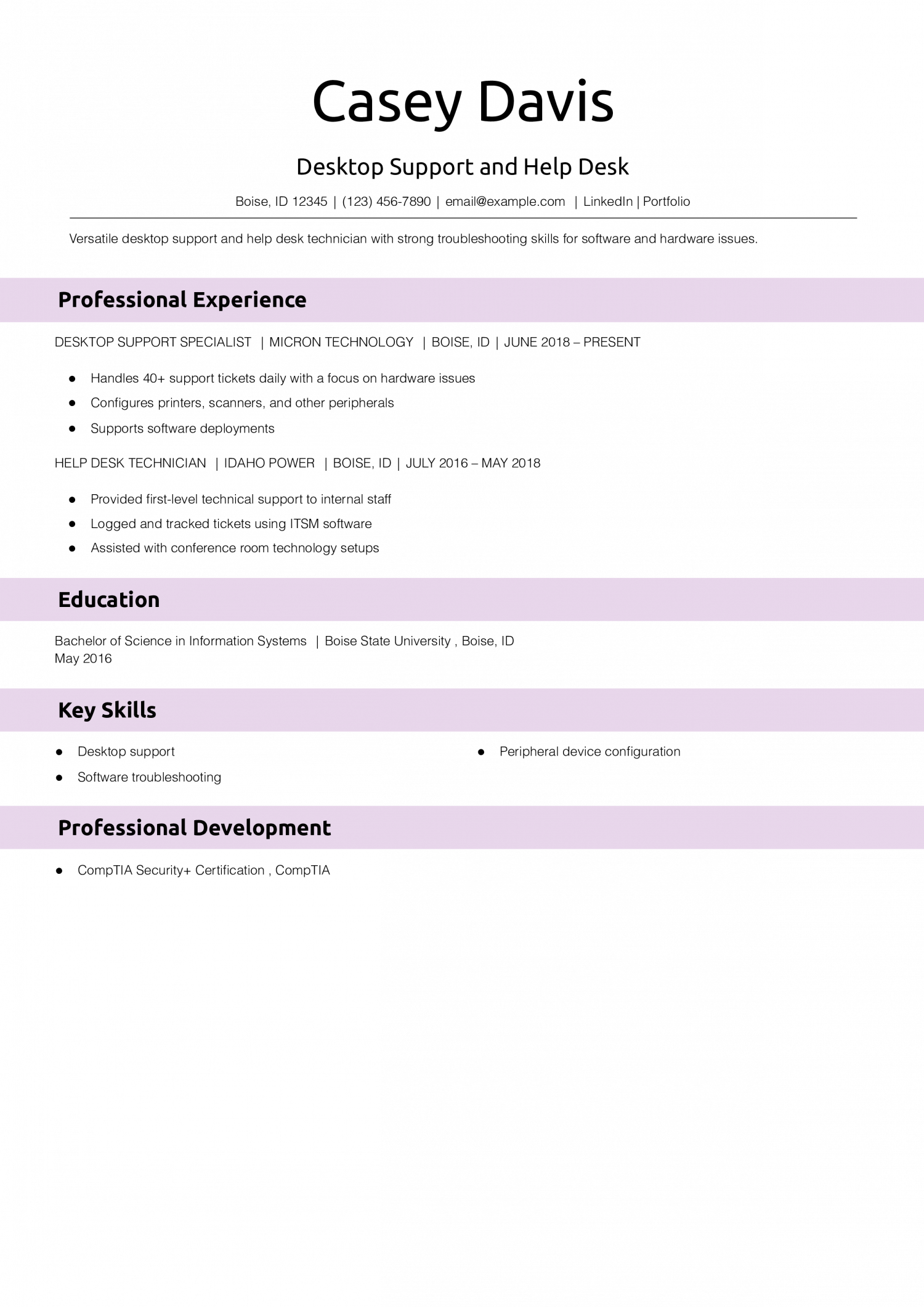 Desktop Support and Help Desk Resume Example 
