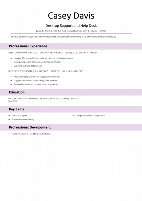 Desktop Support and Help Desk Resume Example 