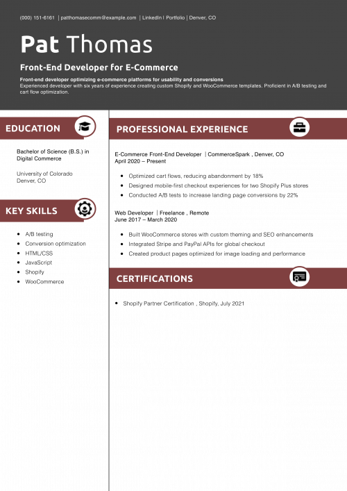  Front-End Developer for E-Commerce Resume 