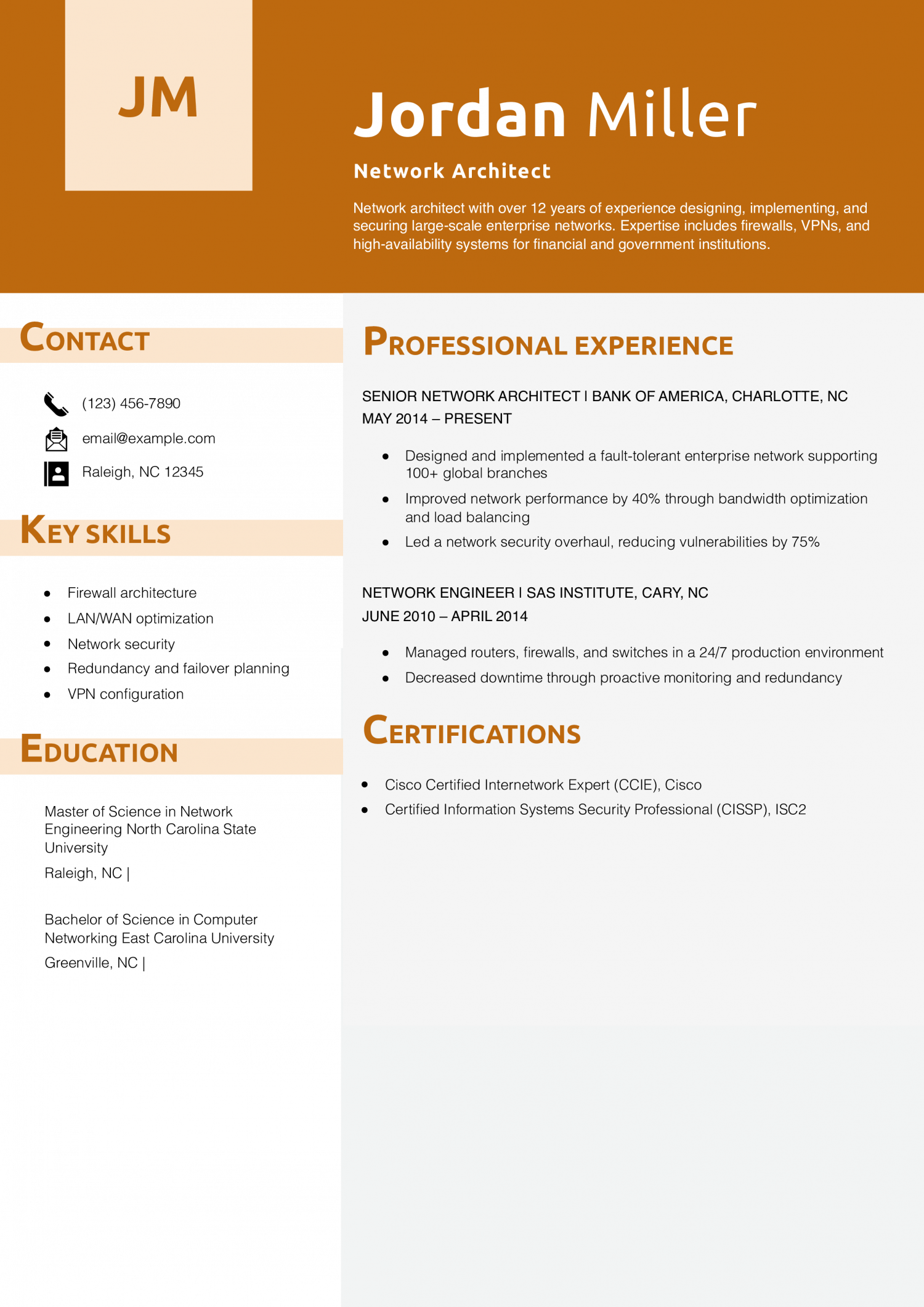 Network Architect Resume Example