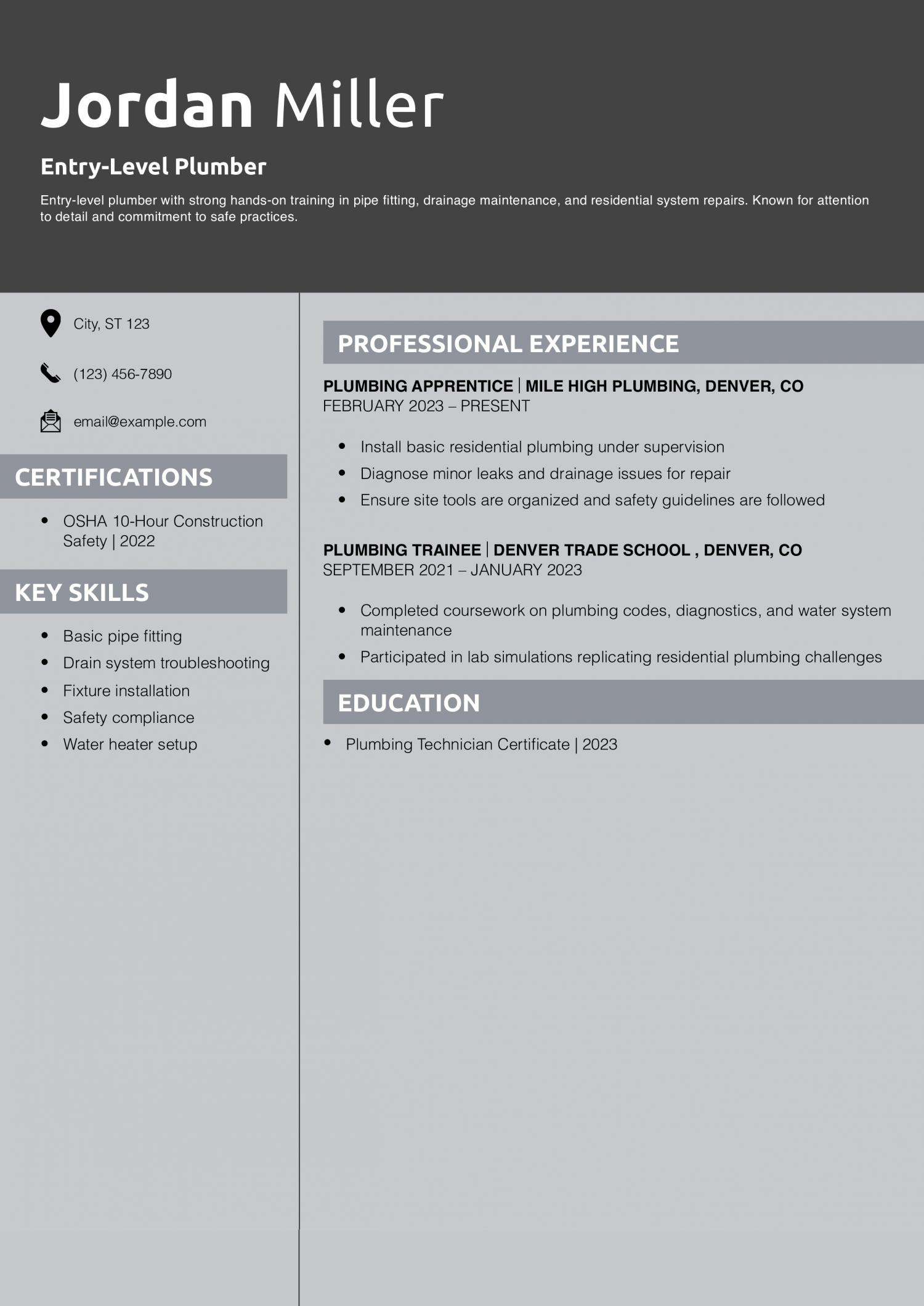 Entry-Level Plumber Resume Example