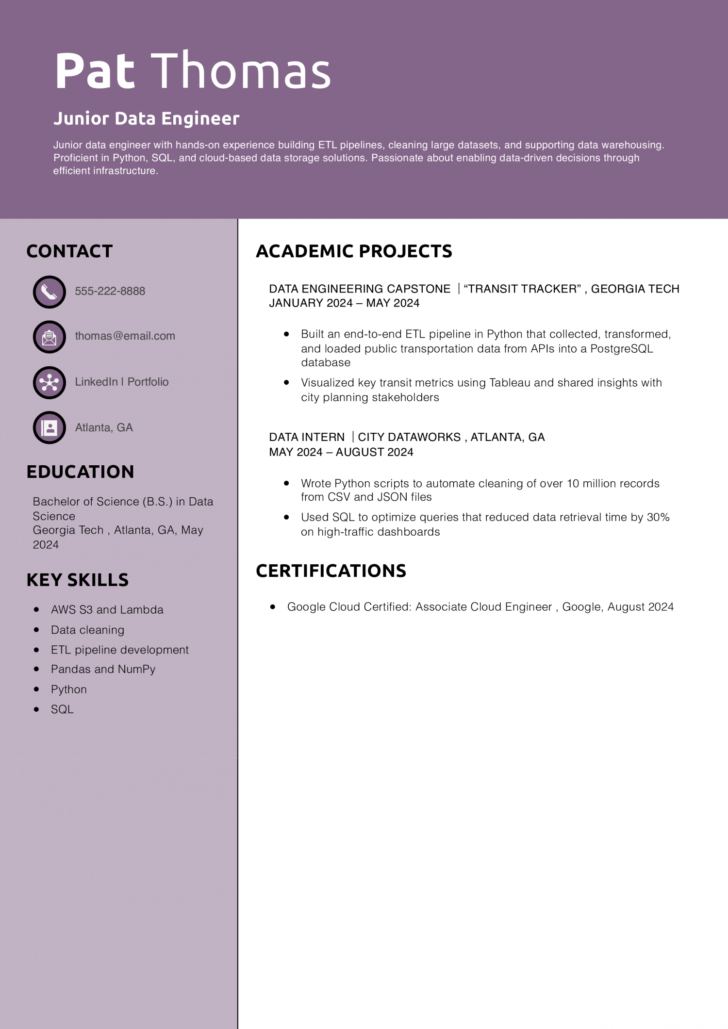 Junior Data Engineer Resume 