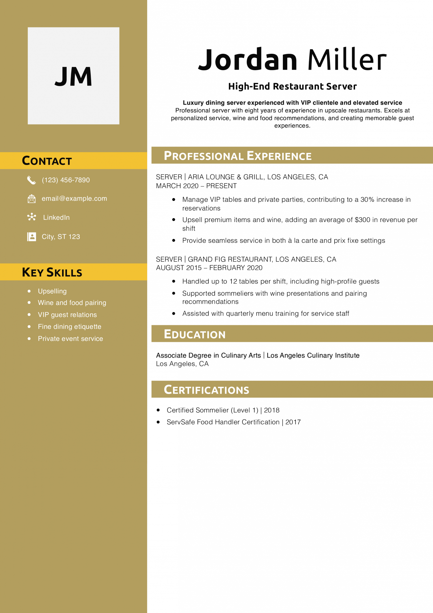 High-End Restaurant Server Resume Example