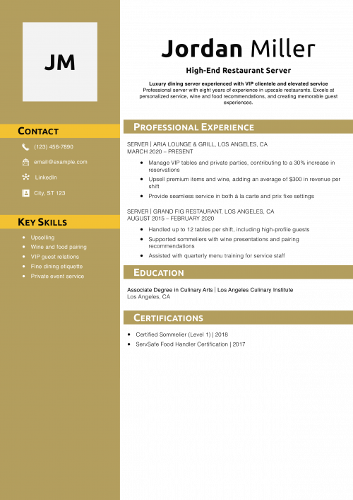 High-End Restaurant Server Resume Example
