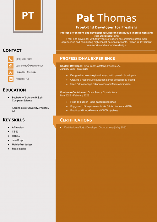 Front-End Developer for Freshers Resume 