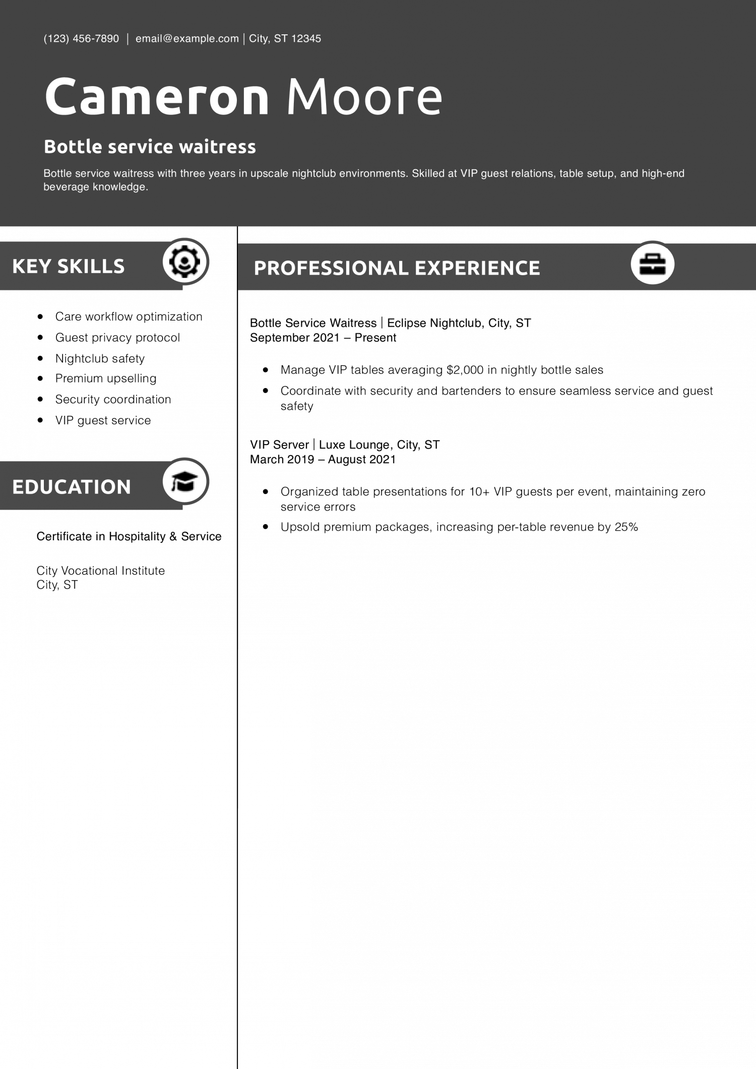 Bottle service waitress resume example