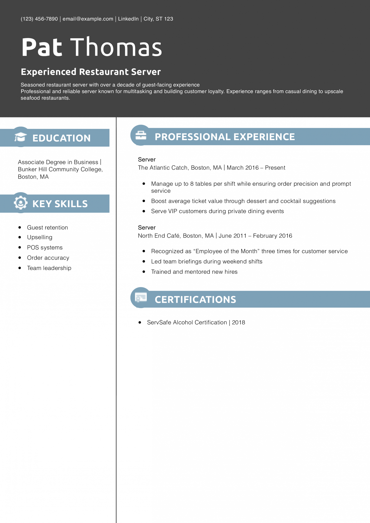 Experienced Restaurant Server Resume Example