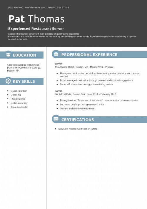 Experienced Restaurant Server Resume Example