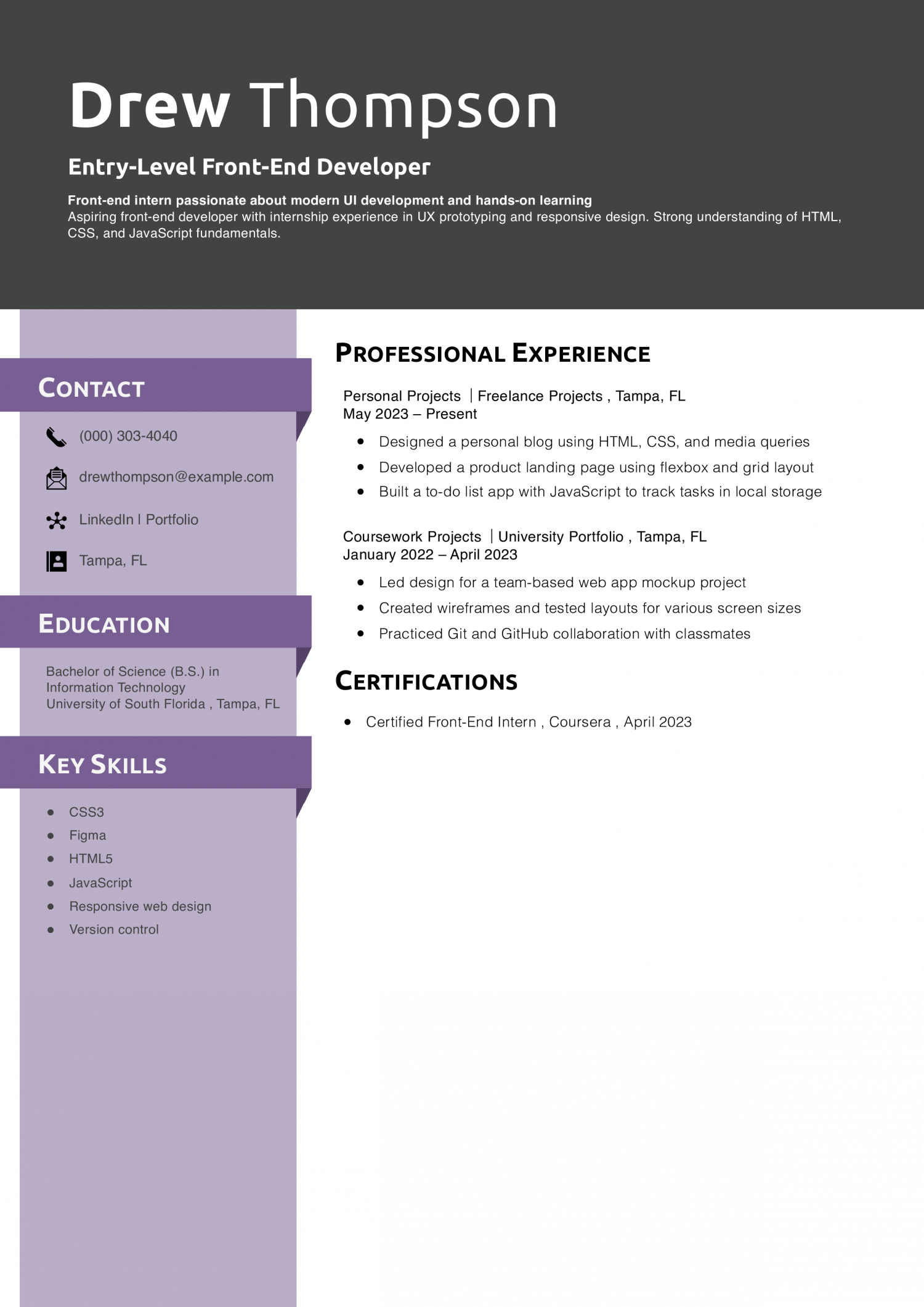 Entry-Level Front-End Developer (No Experience) Resume 