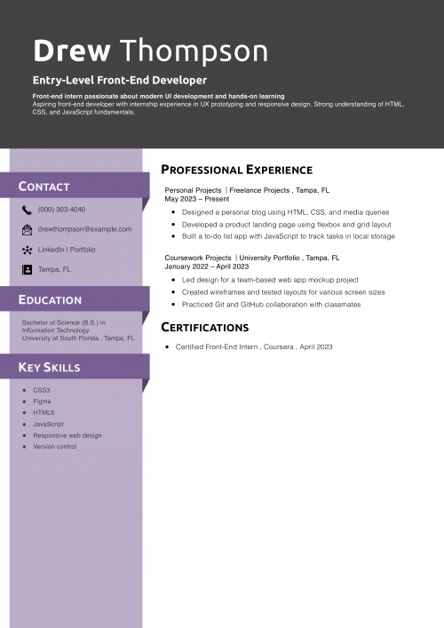 Entry-Level Front-End Developer (No Experience) Resume 