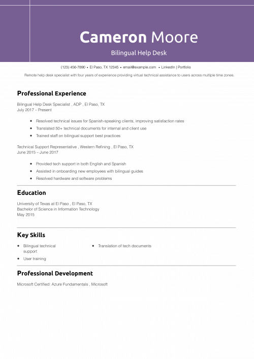 Bilingual Help Desk Resume Example 