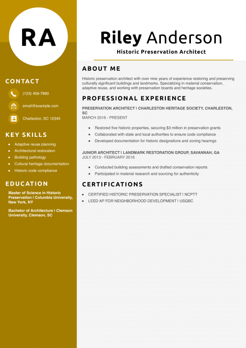 Historic Preservation Architect Resume Example