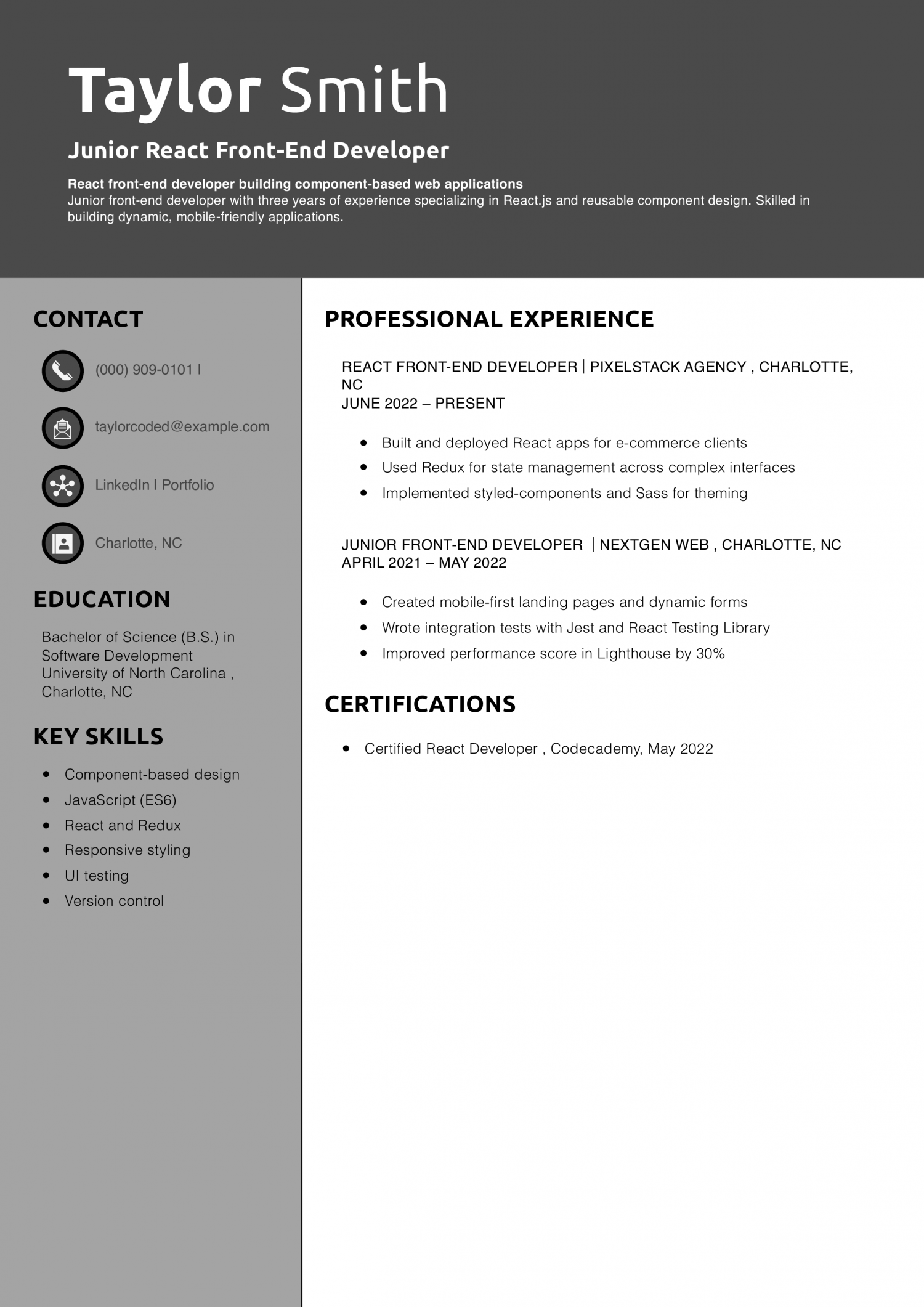 Junior React Front-End Developer Resume 