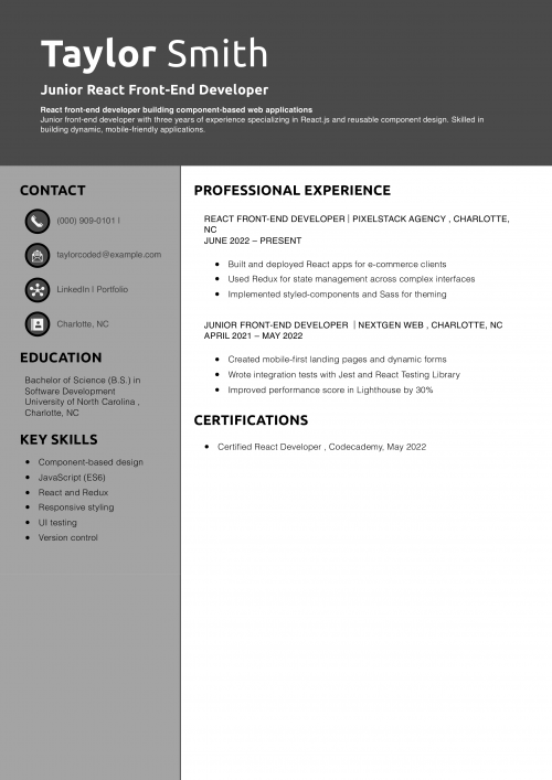 Junior React Front-End Developer Resume 