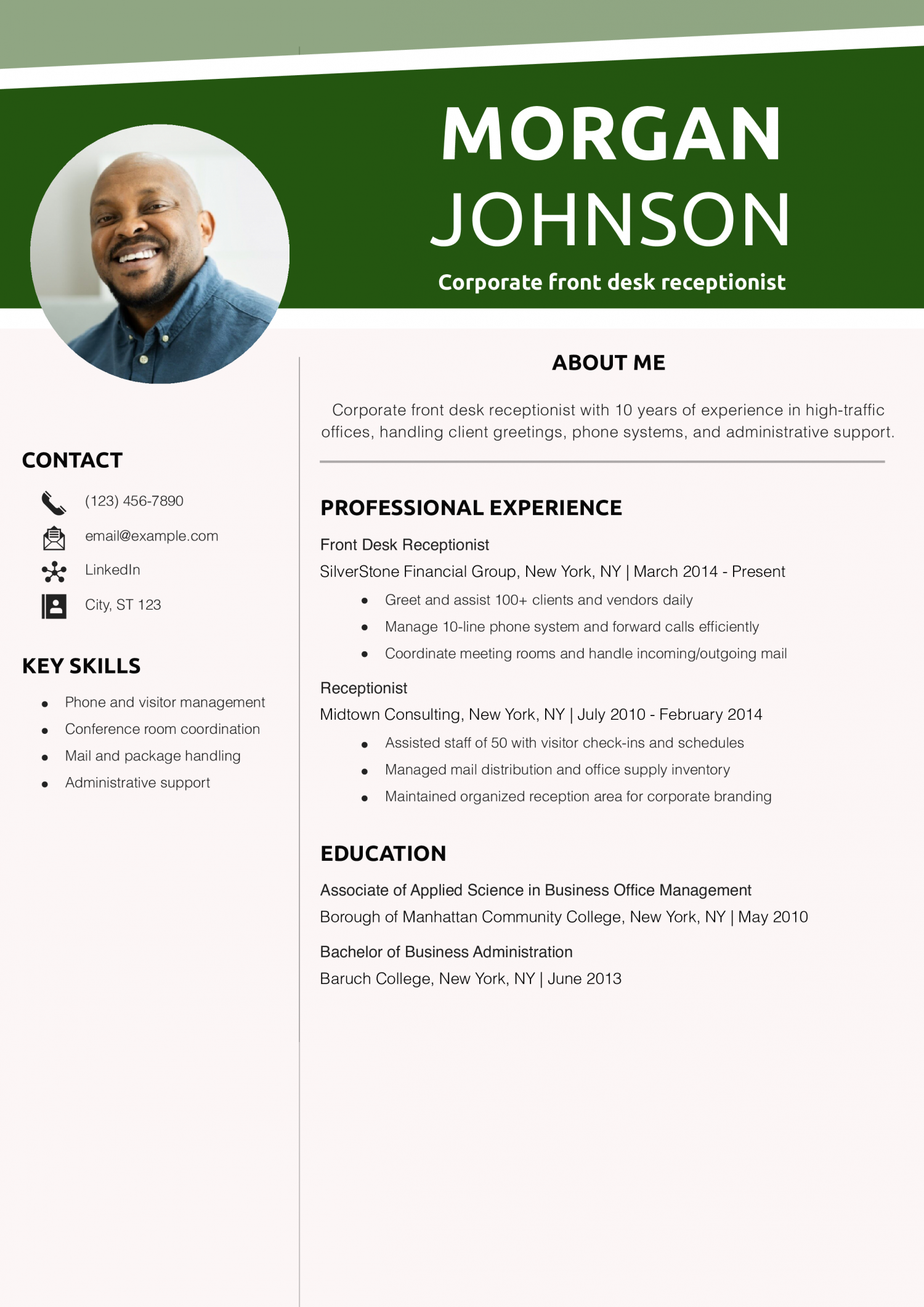 Corporate front desk receptionist resume example