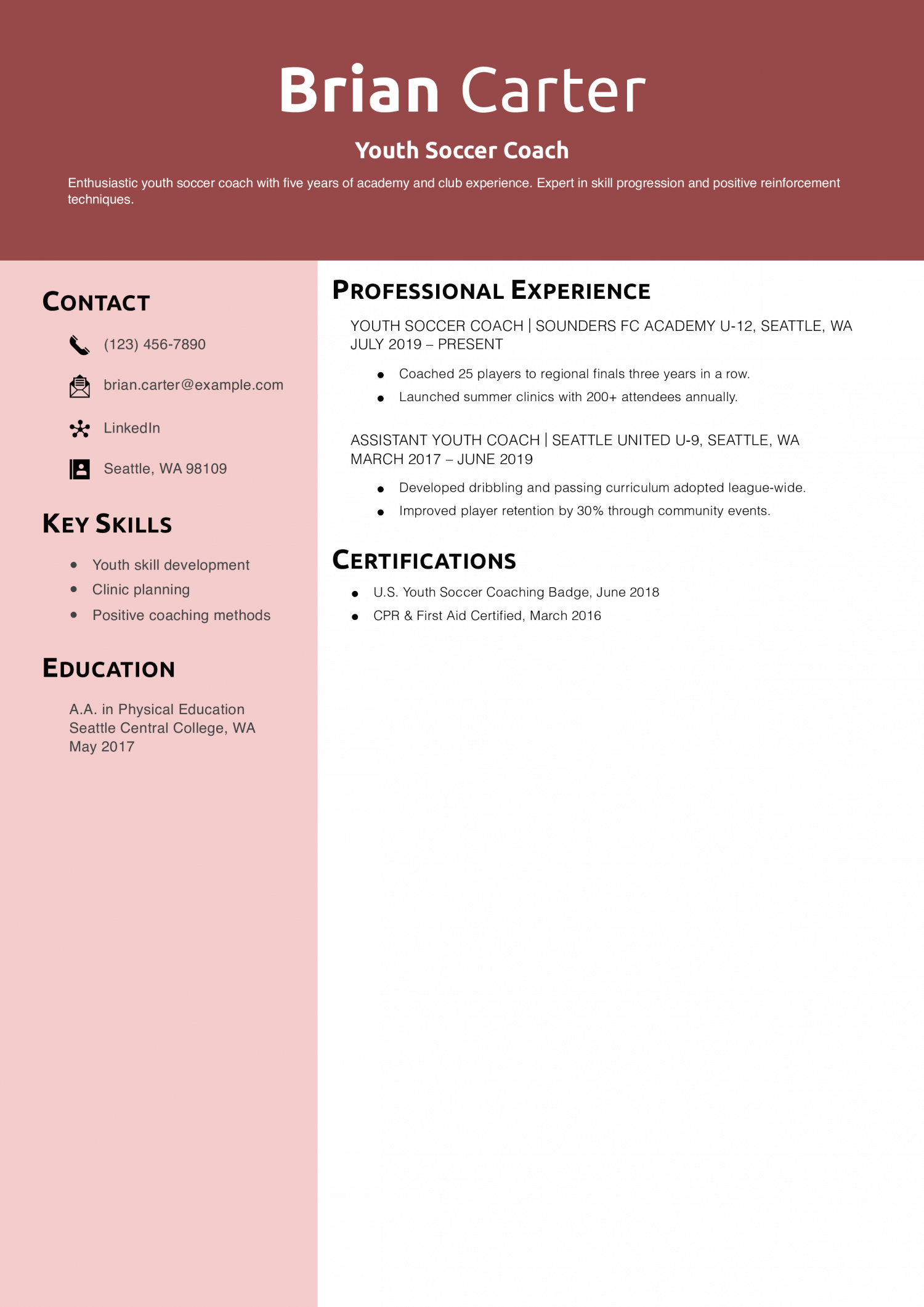 Youth Soccer Coach Resume Example