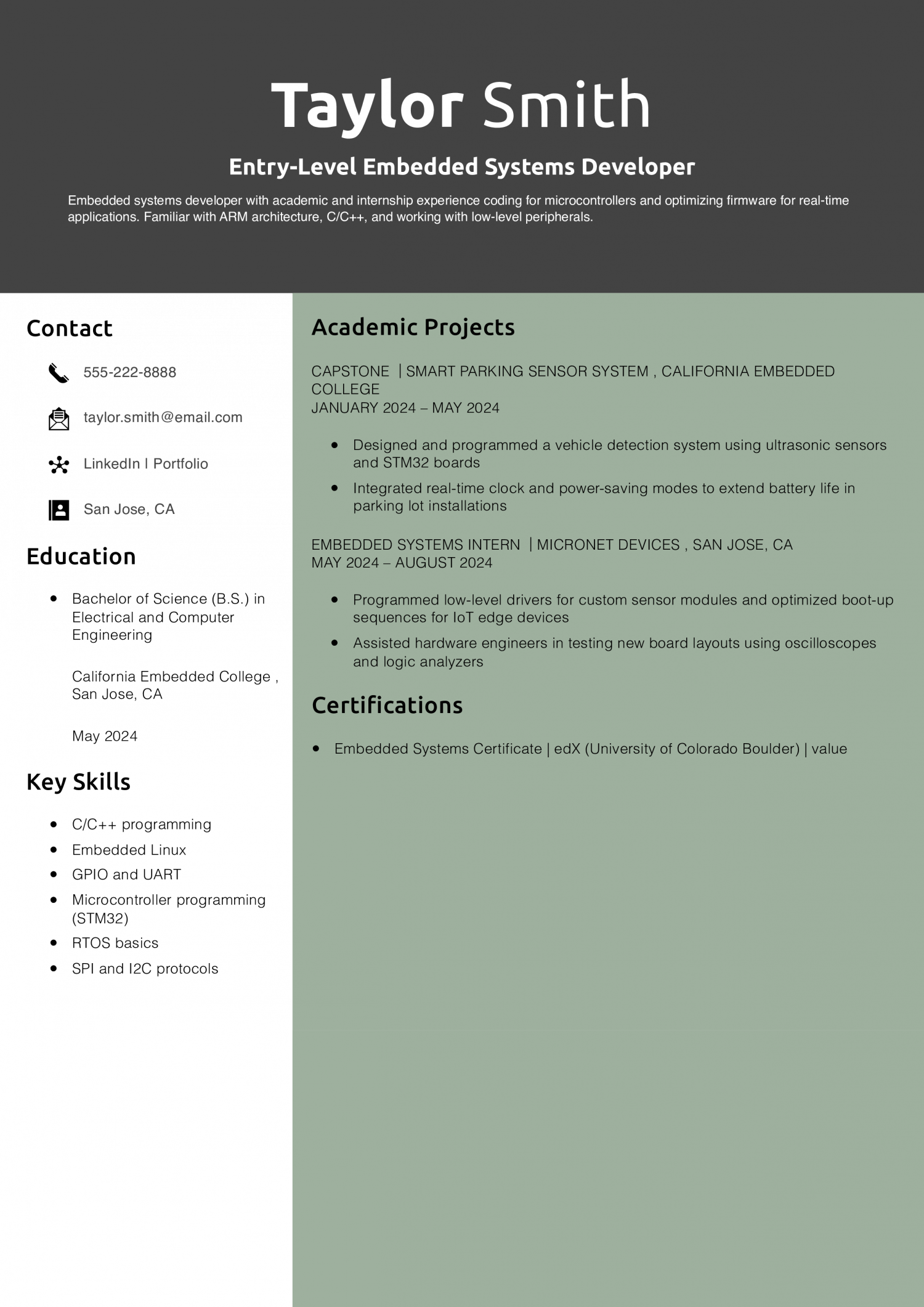 Entry-Level Embedded Systems Developer Resume 