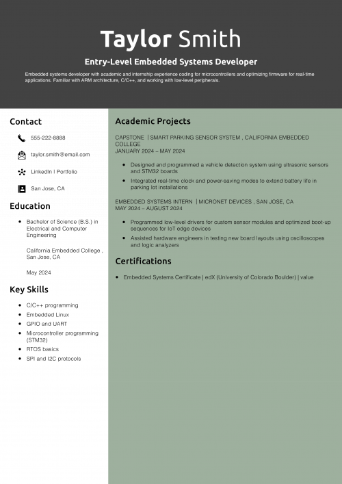 Entry-Level Embedded Systems Developer Resume 