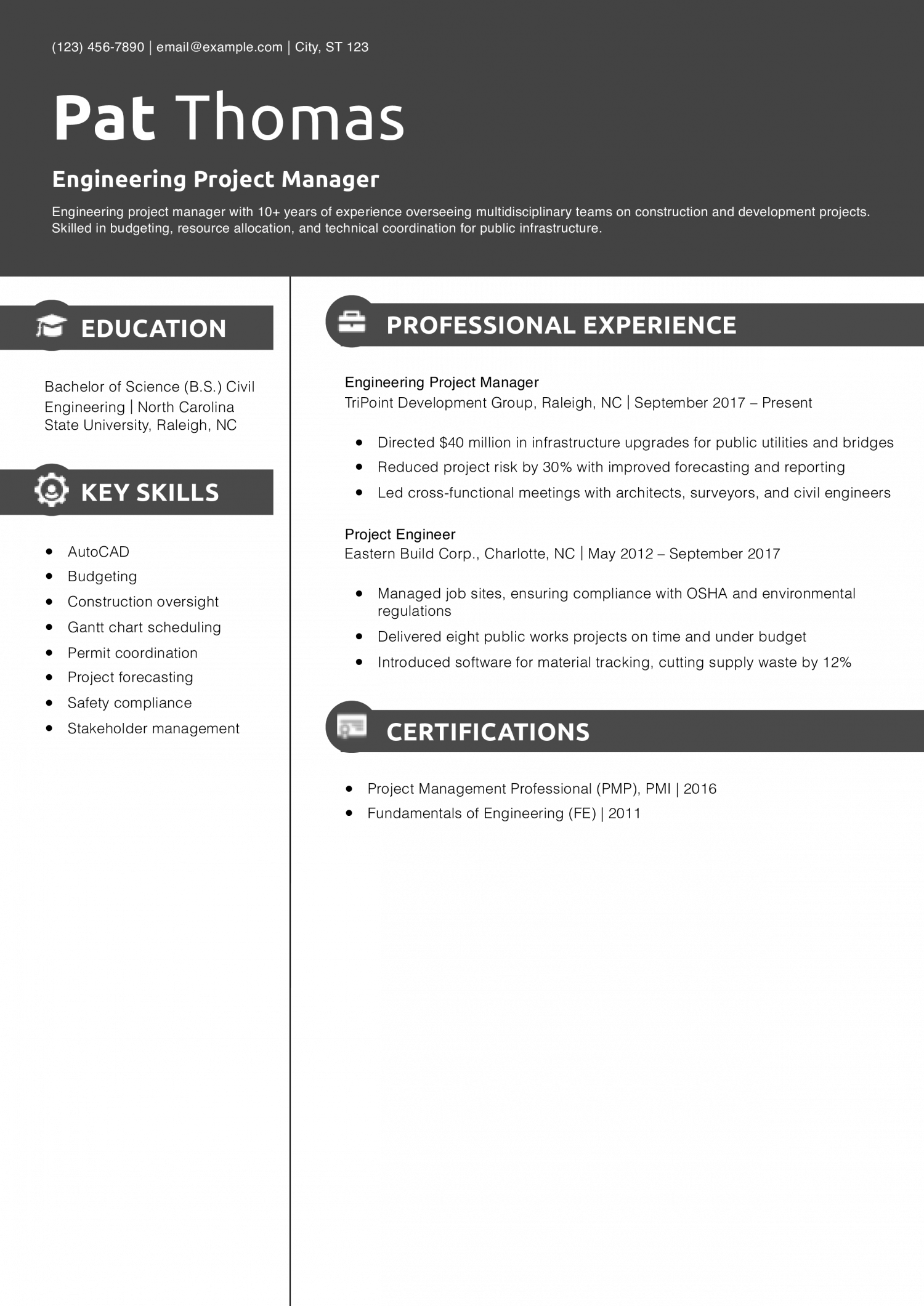 Engineering Project Manager Resume Example