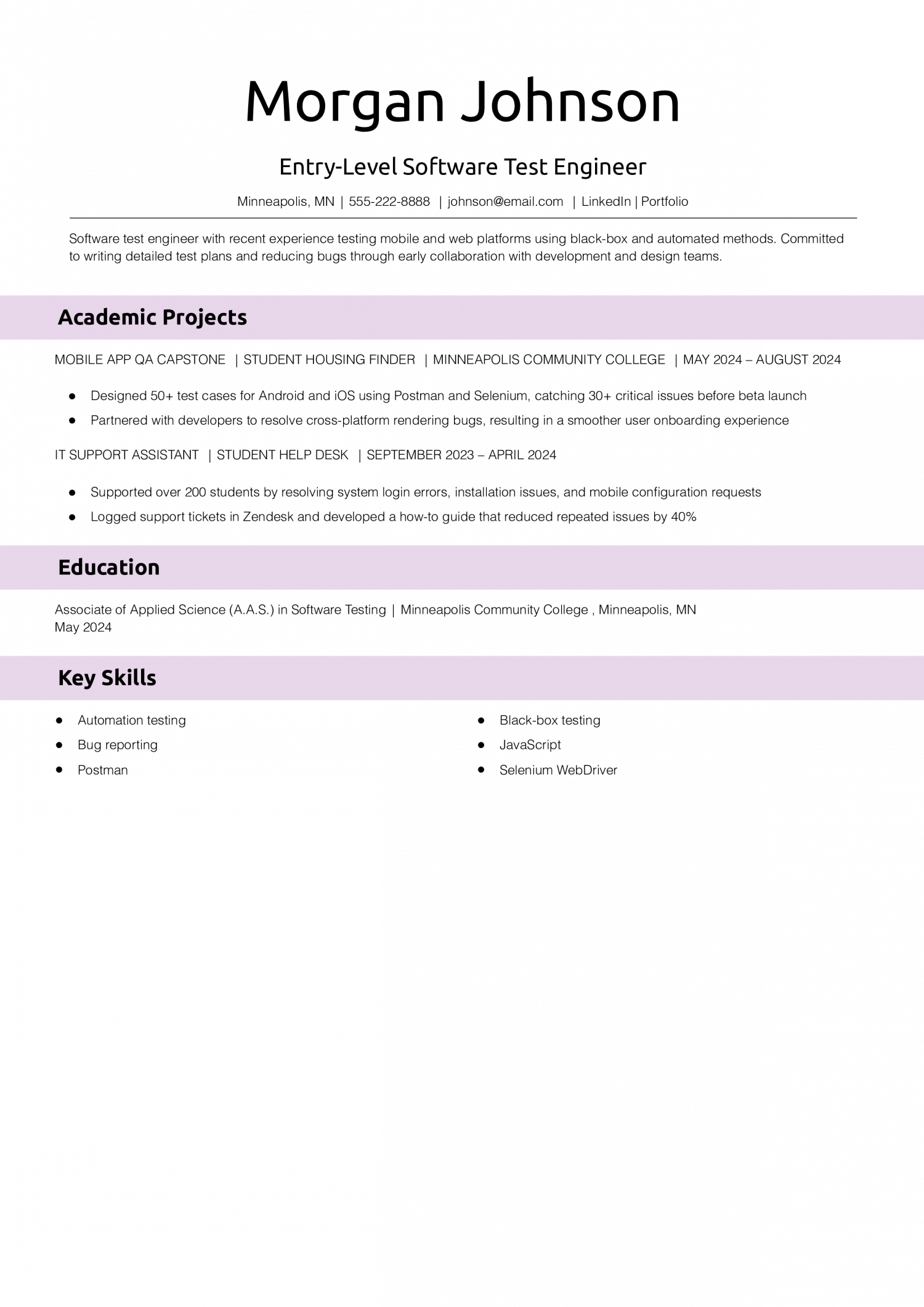 Entry-Level Software Test Engineer Resume 