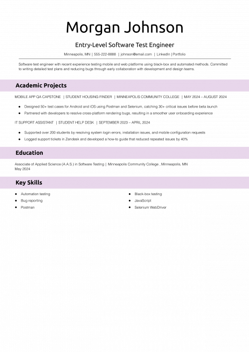 Entry-Level Software Test Engineer Resume 