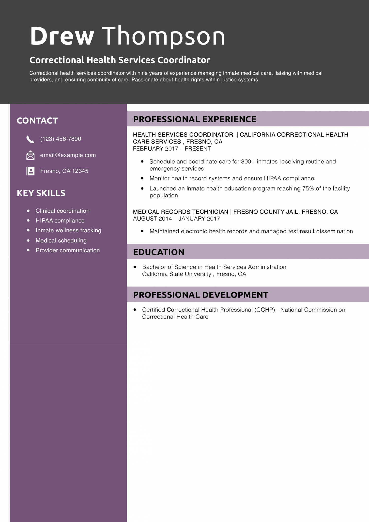 Correctional Health Services Coordinator Resume Example 