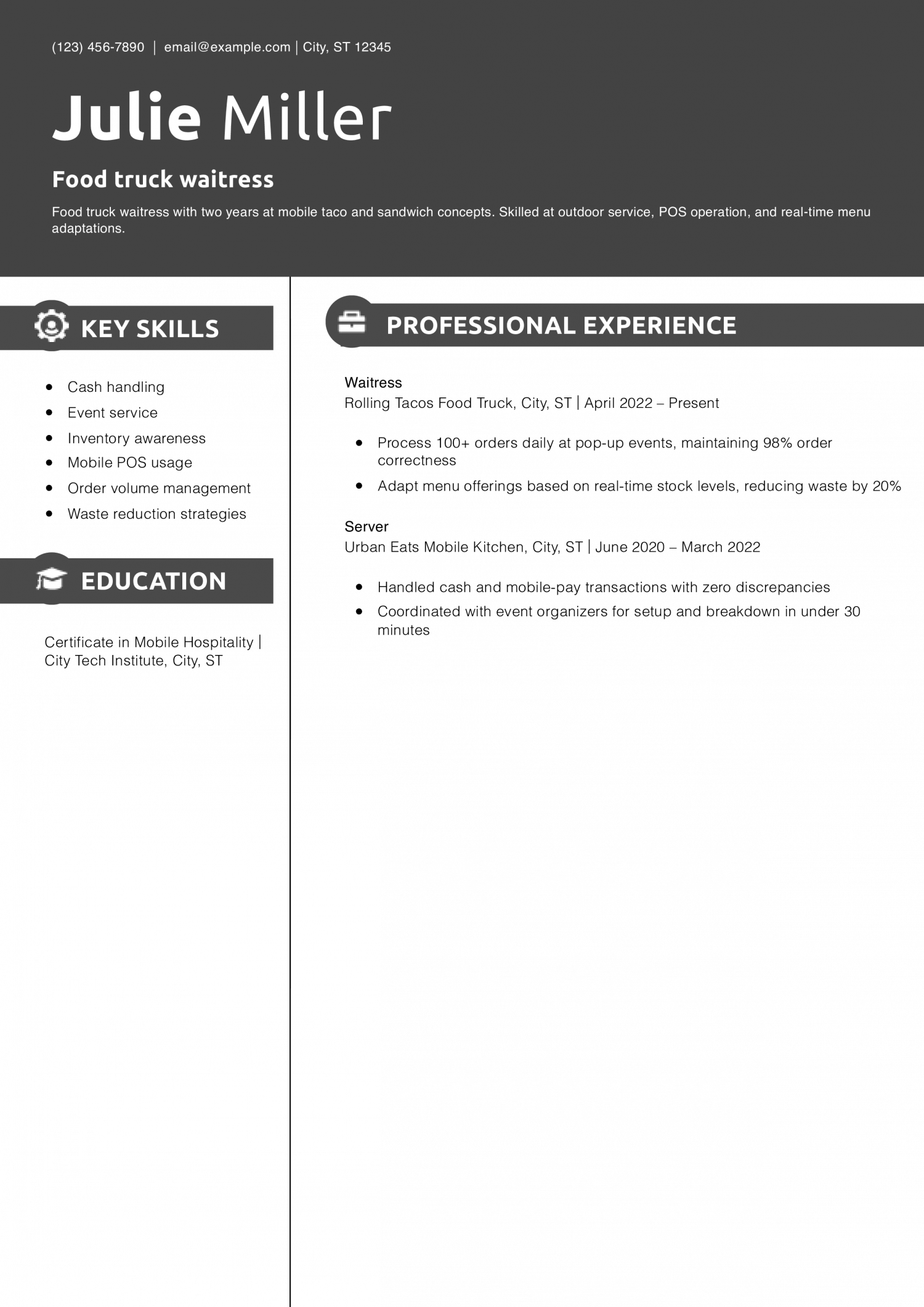 Food truck waitress resume example