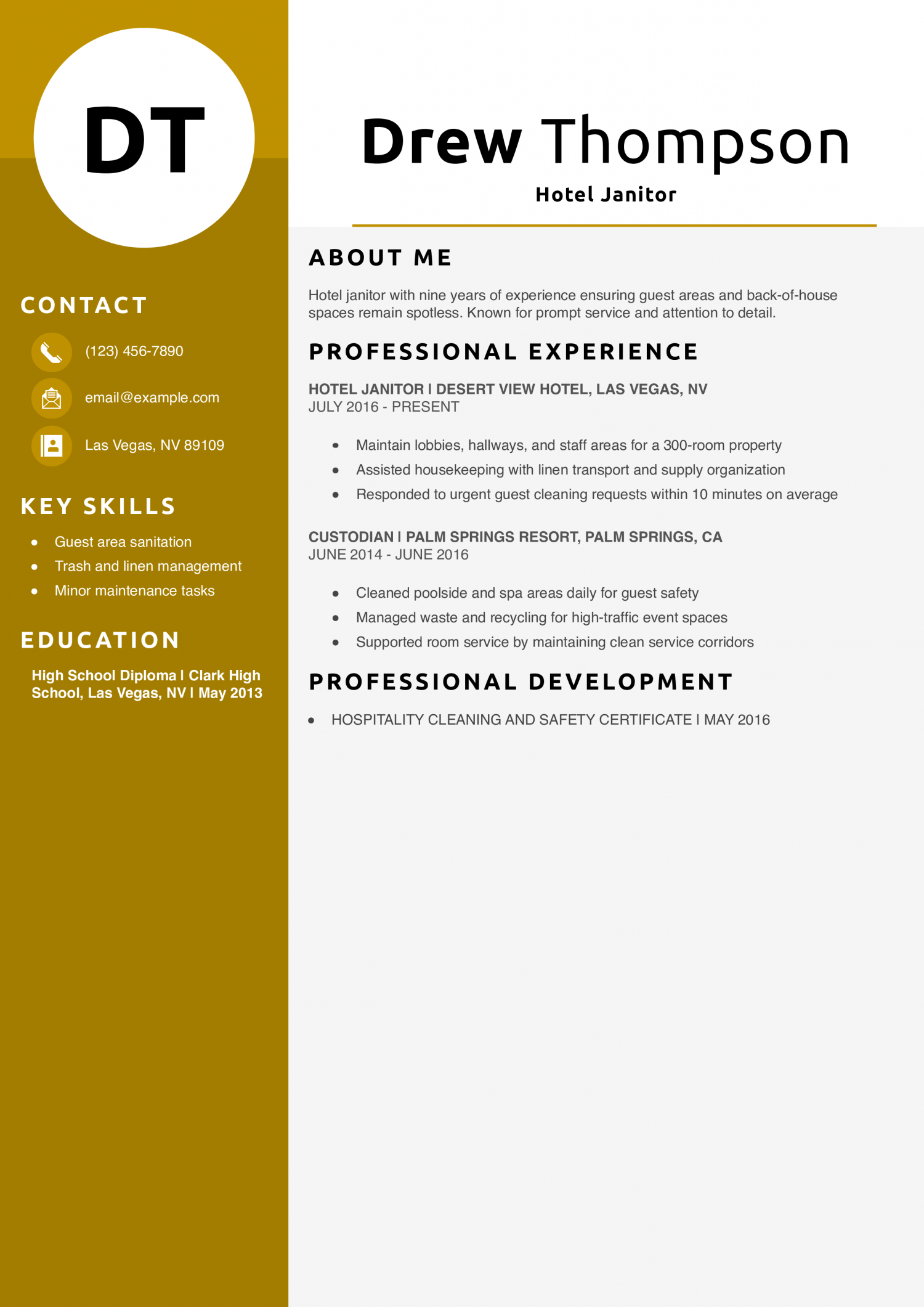 Hotel Janitor Resume Example